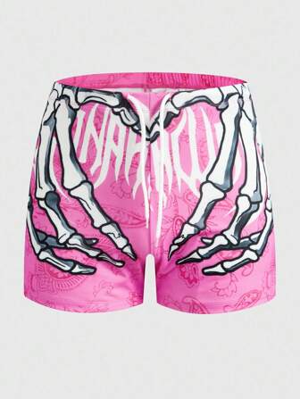 Street Life Men's Elastic Waist Drawstring Skull Hand Pattern Summer Swim Trunks