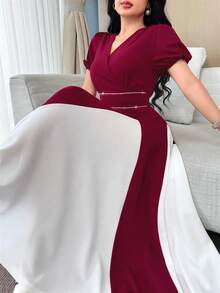 Feyla Women's Elegant Contrast Color V-Neck Ruched Waist Puff Sleeve Dress