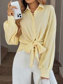 Easowa 秋季女装针织纹理面料衬衫，领口系带袖口长袖衬衫，复古风格，适合夏季/秋季穿着，90年代伊比沙岛风情，女士沙滩装/夏季波西米亚复古风黄色系带衬衫，浅黄色上衣，柠檬黄衬衫，秋季返校季可爱夏季上衣，商务休闲女装，办公室女装，工作上衣，外出上衣，女教师款，秋季女教师款，纽扣衬衫，可爱上衣，秋季校服衬衫 - 黃色 - 查看 1