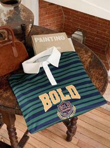 Comfortcana Sudadera casual de mujer con estampado de rayas y letras, estilo universitario - Verde - Ver 3