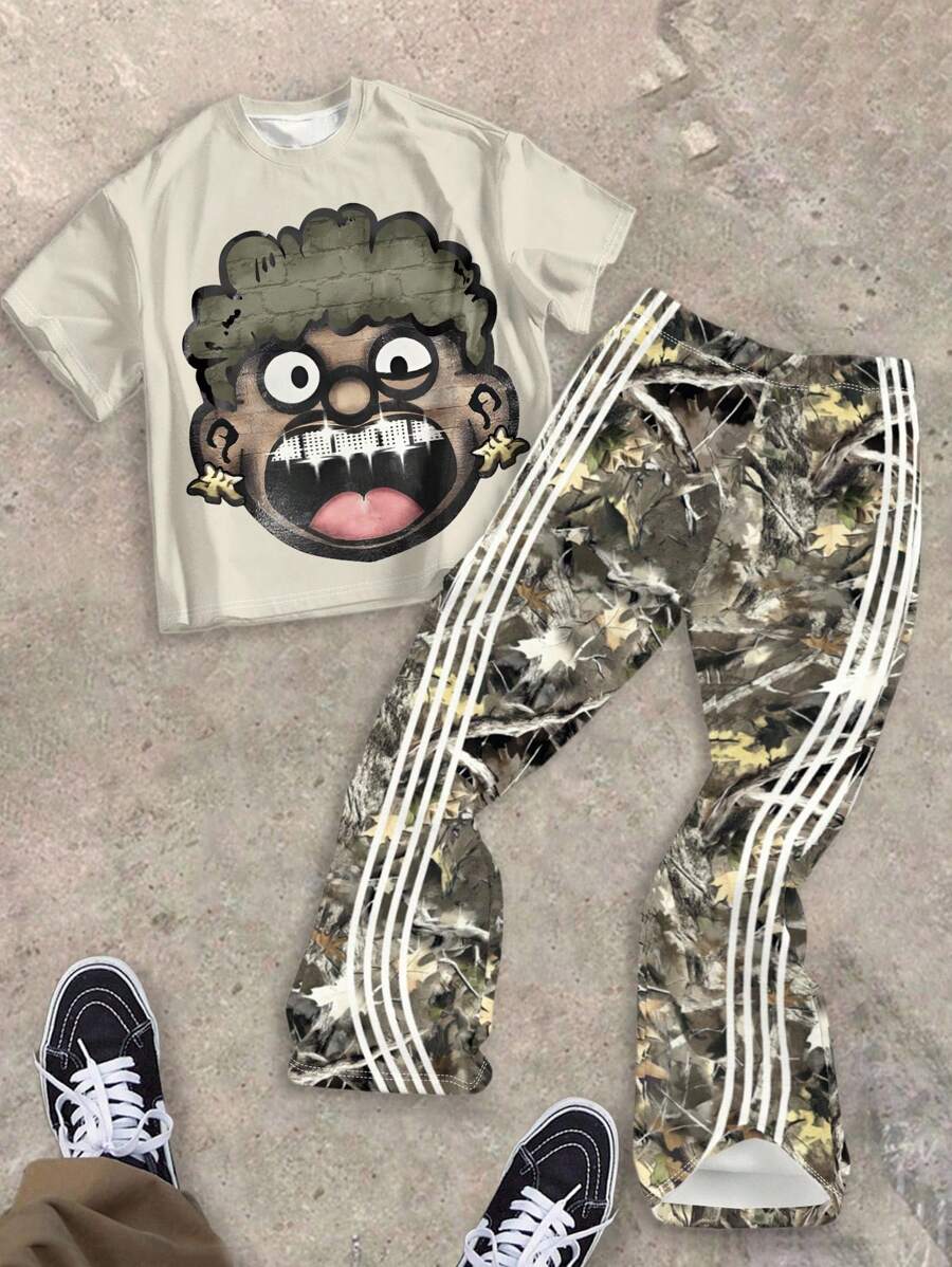 SHEIN 2 件套青少年男孩经典休闲时尚酷肖像和树枝印花圆领 T 恤和喇叭裤套装，适合夏季 - 彩色 - 查看 1