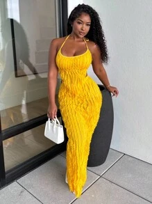 Alexandranx 女士性感纯色露背吊带上衣和加长裙两件套 - 橘色 - 查看 1