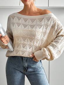 EURMUSE Casual Boat Neck Hollow Out Crochet Drop Shoulder Oversize Loose Fit Seasonal Sweater For Women Sweater Knit Tops Back To School Cute For Fall Women,Jumper,Cream Jumper,Jumpers,Black Jumper,Womens Jumper,White Jumper,Women's Jumper,Women's Jumpers,Winter Clothes - Apricot - View 3