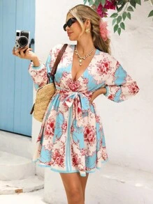 Vivid Eden Women's Vacation Floral Print Deep V-Neck Lantern Sleeve Fashionable Mini Dress, Floral Summer Dress Women, Women Vacation Dress, Italy Summer Dress, Long Sleeve Summer Dress, Wrap Dresses For Women Summer,Old Money Outfits Women