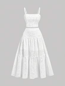 SHEIN MOD Plus Size Women Embroidered White Maxi Dress 2 Pieces Set, Multi-Layered Ruffle Hem, Suitable For Dates, Holidays, Picnics, Beaches, Comfortable, White Skirt And Top Set, White Eyelet Skirt And Top Set, White Two Piece Dress, White Eyelet Two Piece Dress, White Summer Outfit - White - View 6