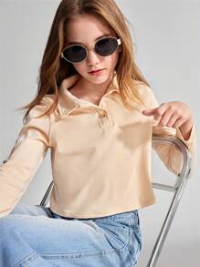 Ontre Tween Girls' All-Match Solid Color Polo Neck Long Sleeve T-Shirt - Apricot - View 6