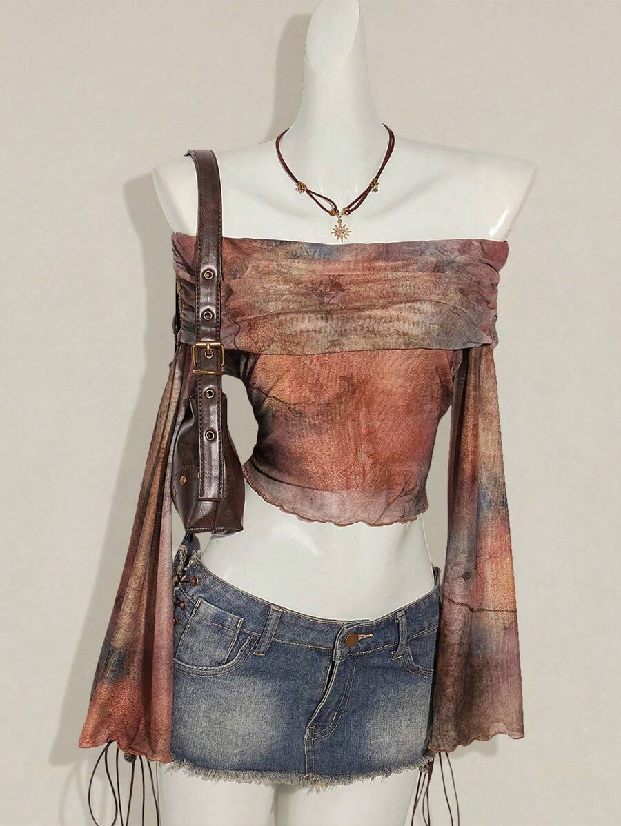 SHEIN ICON Áo crop top hở vai tay dài màu nâu xếp ly phong cách Boho nhuộm loang thời trang mùa hè/thu cho nữ, phong cách nghỉ dưỡng thời trang, mùa xuân/hè - Nhiều màu - Xem 1