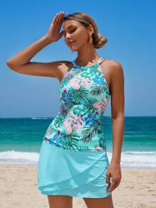 Swim Lushoire 1 pieza Vestido de playa informal de vacaciones con estampado floral azul tipo tankini