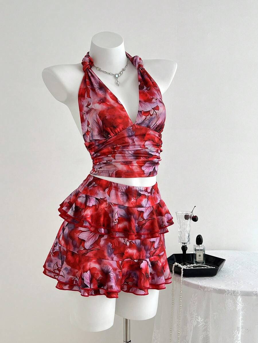 SHEIN Unity Women 2 Pieces Outfit: Twist Front Halter Top And Ruffled Hem Skirt Set - Red - View 1
