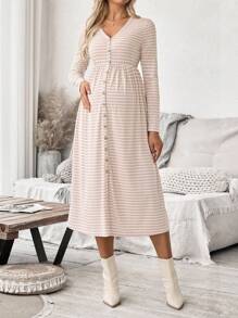 SHEIN 哺乳条纹V领休闲长袖连衣裙 - 卡其色 - 查看 4