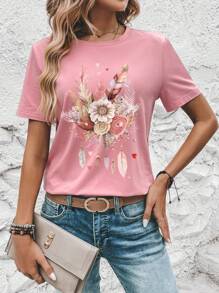 SHEIN LUNE 女式休闲花卉与羽毛心形图案圆领短袖 T 恤，夏季 - 藕粉色 - 查看 1