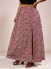 SHEIN VCAY Plus Size All Over Print Slit Up To Thigh Casual Skirt - Red - View 5