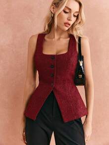 Poéselle 女士复古格子休闲日常穿搭前扣方领上衣，方领上衣，酒红色上衣 - 紅色 - 查看 3