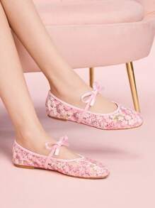 CUCCOO DOLLMOD Floral Embroidered Mesh & PU Bow Decor Elegant Flat Sandals For Christmas - Pink - View 6