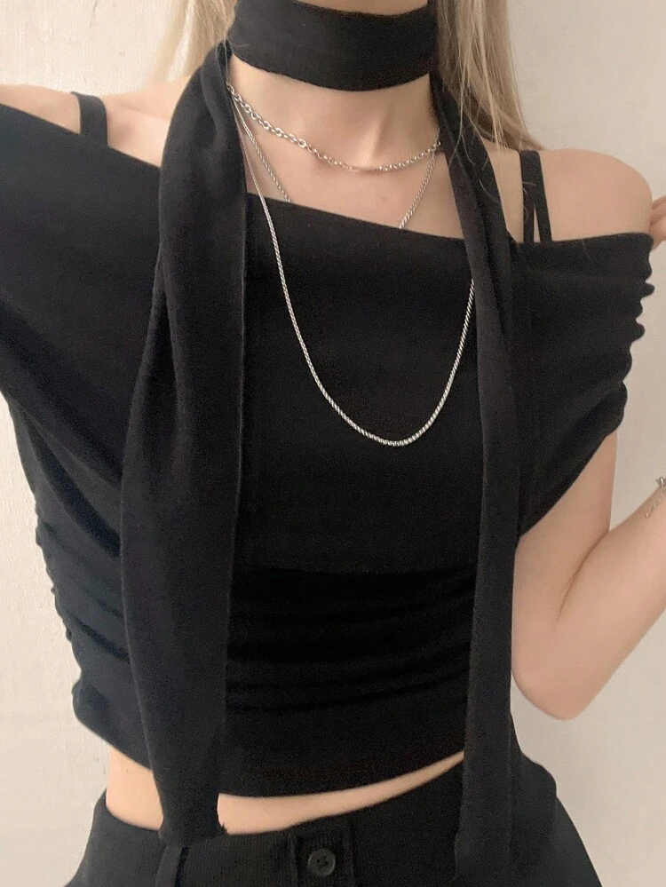 Women's Fashion Casual Ruched Off-Shoulder Tight Cropped T-Shirt