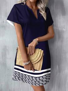 SHEIN LUNE Abito corto casual e retrò con scollo a V, adatto per la primavera/estate, elegante e casual - Multicolore - Visualizzare 5