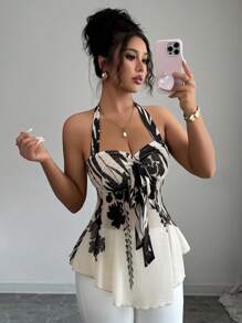 SHEIN LUNE Top sans manches en chiffon et dentelle à bretelles fines pour femme, décolleté dans le dos, taille froncée, casual, imprimé, couleur abricot, pour vacances
