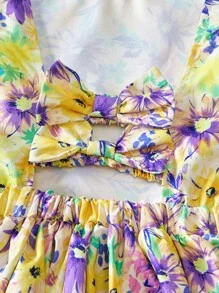 SHEIN Lunivi Vestito da ragazza adolescente con stampa floreale, fiocco sulla schiena, maniche corte a cappuccio, vita