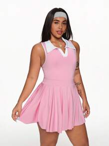 SHEIN Sports 大码女式拼色领口无袖褶皱运动连衣裙