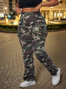 加大码女式迷彩不对称腰部工装裤，街头潮流牛仔夏季迷彩牛仔裤牛仔女加大码迷彩工装裤音乐节 - 軍綠色 - 查看 2