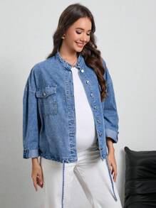 SHEIN 孕妇休闲日常水洗翻折口袋牛仔夹克