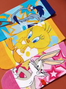 LOONEY TUNES X SHEIN 3 双柔软透气吸湿排汗休闲女士踝袜，带崔弟和路跑者图案，时尚可爱的粉色和蓝色短袜，加固脚趾和脚跟，经久耐用，四季百搭 - 彩色 - 查看 3