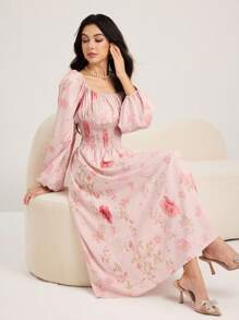 Modelyn 女士花卉印花蝙蝠袖方领长裙 - 粉色 - 查看 7