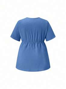 TaskEZ Plus Size 2pcs/Set Short Sleeve Cinched Waist Top And Elastic Waist Pants Scrub Sets - Blue - View 4