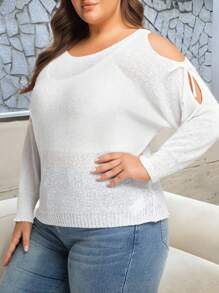 INAWLY 大码女式纯色露肩长袖休闲针织套头衫，秋冬款 - 白色 - 查看 3