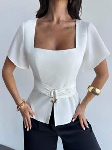 Firerie Women's White Summer Elegant Office Beige Bamboo Texture Short Sleeve Cinched Waist Shirt,Square Neck Design,Regular Fit Retro Holiday Daily Blouse - Beige - View 3
