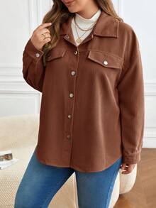 SHEIN Frenchy Plus Size Women's Solid Color Drop Shoulder Long Sleeve Single-Breasted Casual Jacket,Fall Clothes For Women Winter Autumn - Coffee Brown - View 5
