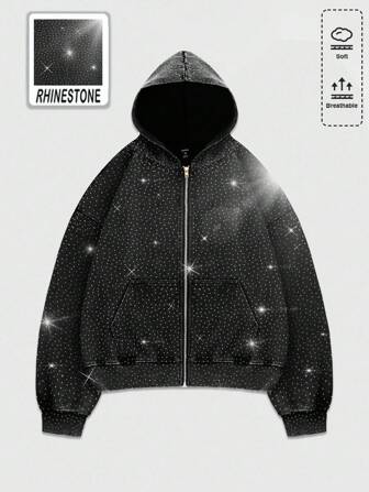 Street Life Men's Heavyweight Full Sparkly Diamond Washed Open Sweatshirt Sweatshirt, Loose Cropped Style