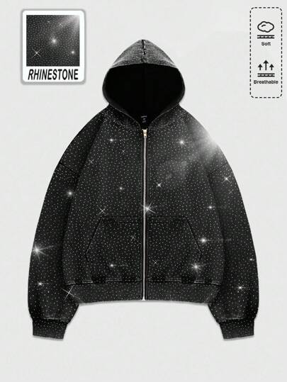 Street Life بلوزة رياضية رجالية ثقيلة الوزن مفتوحة مغسولة بالكامل بالألماس اللامع، بتصميم فضفاض قصير