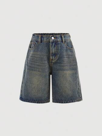 SHEIN 青少年女孩 Y2K 时尚街头服饰浅蓝色洗水牛仔宽松高腰百慕大短裤牛仔宽松长短裤、夏季音乐会狂欢节、毕业短裤、女孩夏季早午餐、海滩度假青少年女孩、乡村音乐会、宽松牛仔短裤、牛仔短裤、青少年牛仔短裤