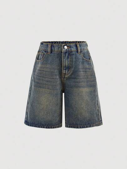 SHEIN Tween Girl Y2K Fashion Streetwear Light Blue Washed Denim Loose Baggy High Waist Bermuda Shorts Denim Baggy Long Short, Summer Concert Rave Festival , Graduation Shorts, Girls Summer Brunch , Beach Vacation Tween Girl, Country Concert , Baggy Jean Shorts, Denim Shorts, Teen Jean Shorts