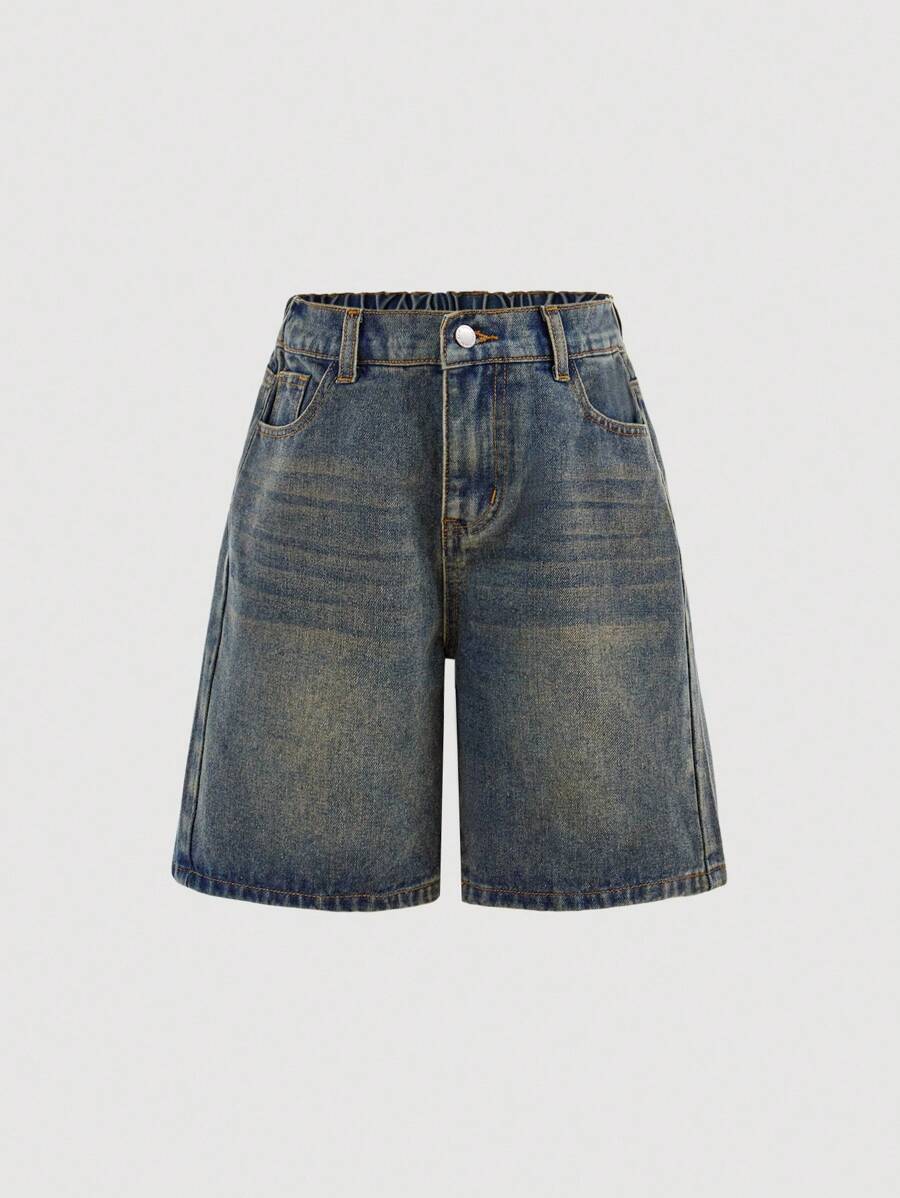 SHEIN Girlism Tween Girl Y2K Fashion Streetwear Light Blue Washed Denim Loose Baggy High Waist Bermuda Shorts Denim Baggy Long Short, Summer Concert Rave Festival , Graduation Shorts, Girls Summer Brunch , Beach Vacation Tween Girl, Country Concert , Baggy Jean Shorts, Denim Shorts, Teen Jean Shorts - Medium Wash - View 1