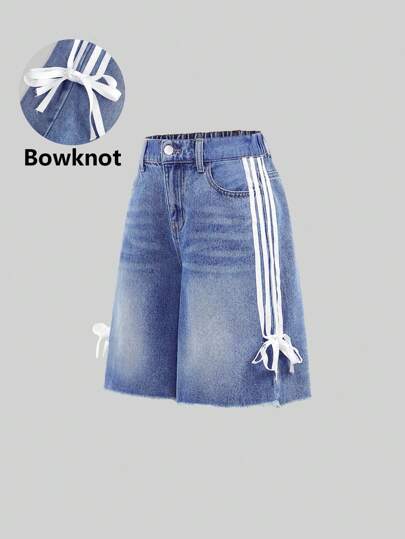 SHEIN Girlism Teen Girl Y2K Fashionable Stripe Bowknot Baggy Loose Fit Vintage Casual Denim Jeans Long Shorts With Slanted Pockets And Raw Hem, Spring Summer Break , Summer Concert Rave Festival Baggy Shorts Streetwear
