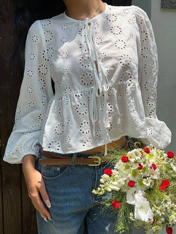 SHEIN EZwear Camicia bianca a maniche lunghe da donna con lacci e ricami
