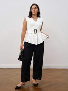 Chikora Veste élégante pour femme grande taille, col V sans manches, couleur unie, ceinture à la taille. Tout blanc. Convient pour les enseignantes, les femmes d'affaires décontractées, le bureau, le travail, les voyages, l'aéroport.