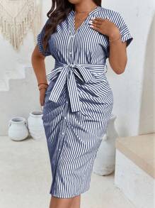 SHEIN Clasi 大码女式V领褶裥肩部条纹紧身连衣裙 - 彩色 - 查看 3