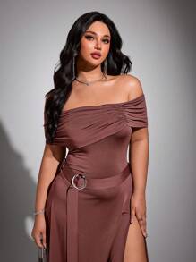 Viva Relle Plus Size Sexy Off-The-Shoulder Dress - Chocolate Brown - View 3