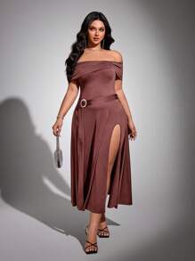 Viva Relle Plus Size Sexy Off-The-Shoulder Dress - Chocolate Brown - View 4