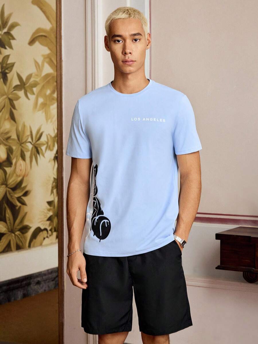 SWAVVY Men Cartoon Bear Print Crewneck Short Sleeve T-Shirt And Drawstring Knitted Shorts Set, Suitable For Summer - Blue - View 1