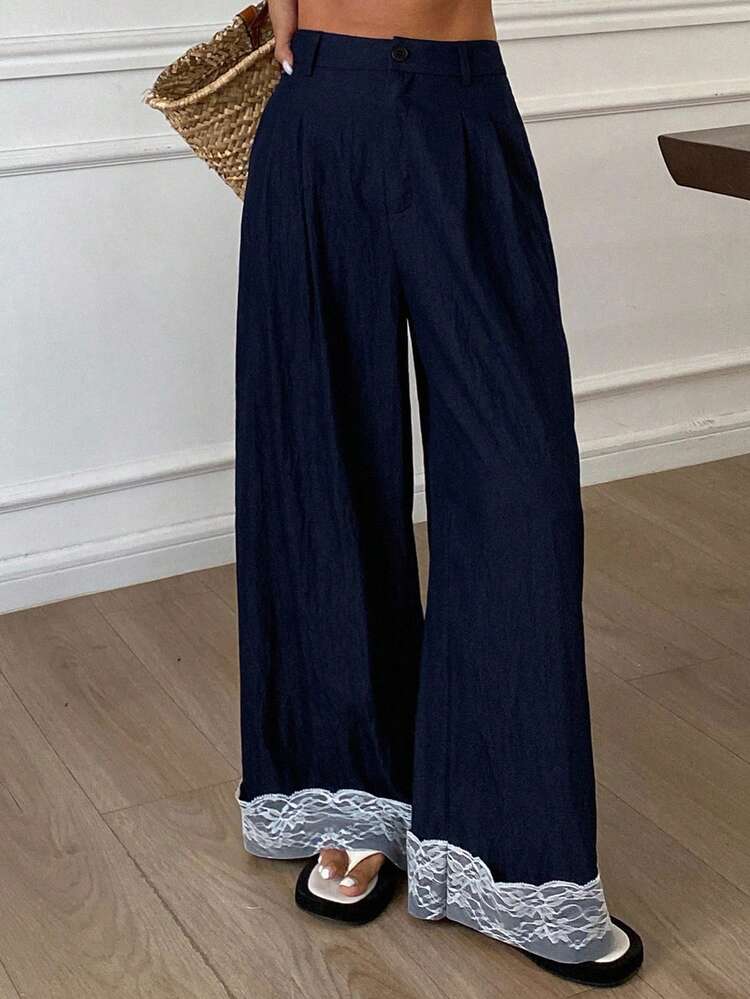 Women's Loose Contrast Lace Wide Leg Pants With Pockets, Casual Holiday Trousers For Autumn
