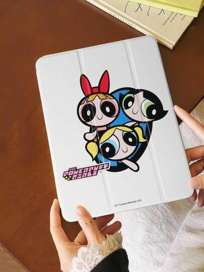 THE POWERPUFF GIRLS X SHEIN 时尚可爱卡通“花朵、泡泡、毛茛”图案可折叠平板电脑保护套