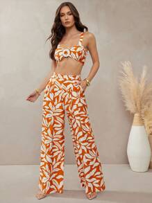 L'Amorae 女式热带印花亚麻褶裥夏季长裤