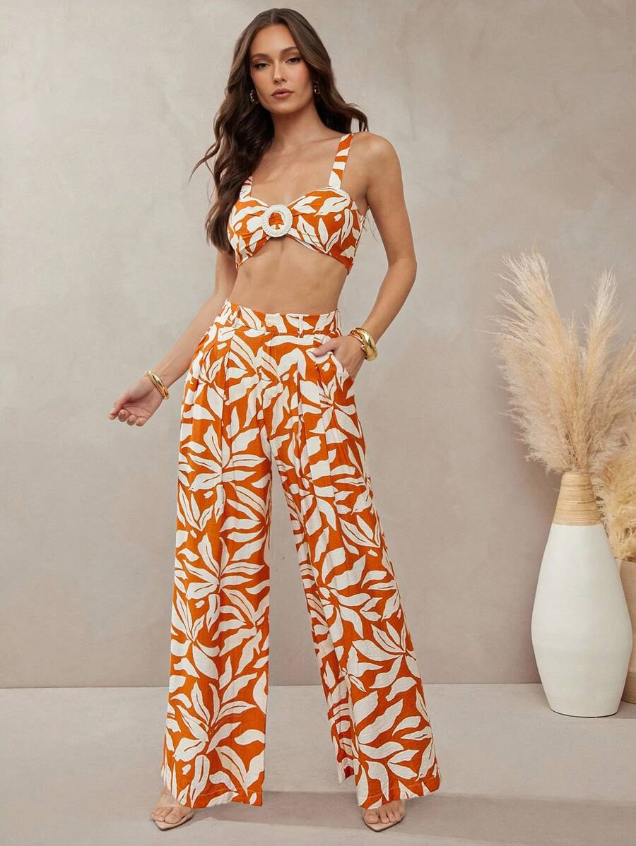 L'Amorae 女式热带印花亚麻褶裥夏季长裤