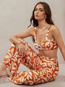 L'Amorae 女式热带印花亚麻褶裥夏季长裤