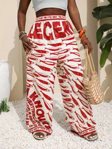INAWLY 大码假日休闲鱼标语印花裤