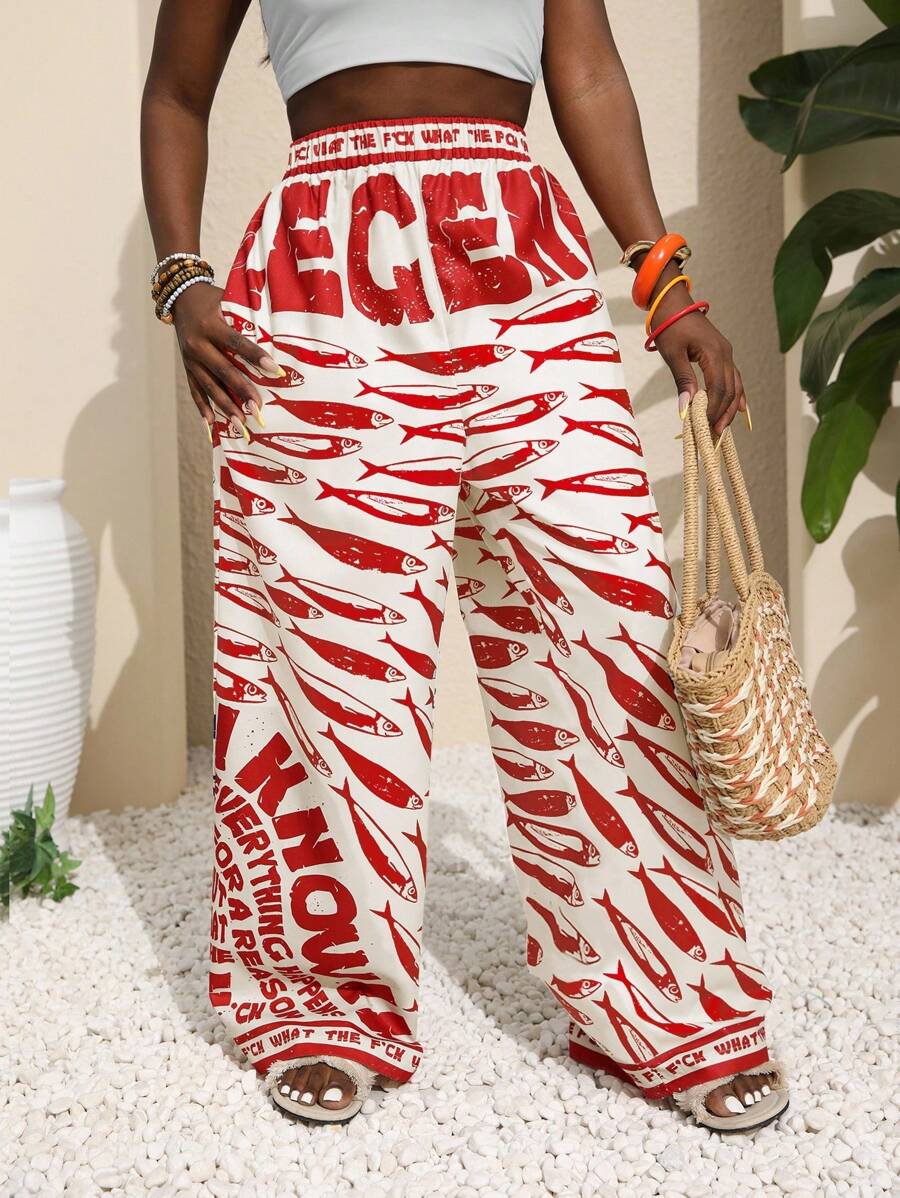 INAWLY 大码假日休闲鱼标语印花裤